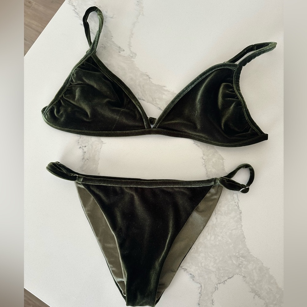 top and bottom velvet green bathing suit.